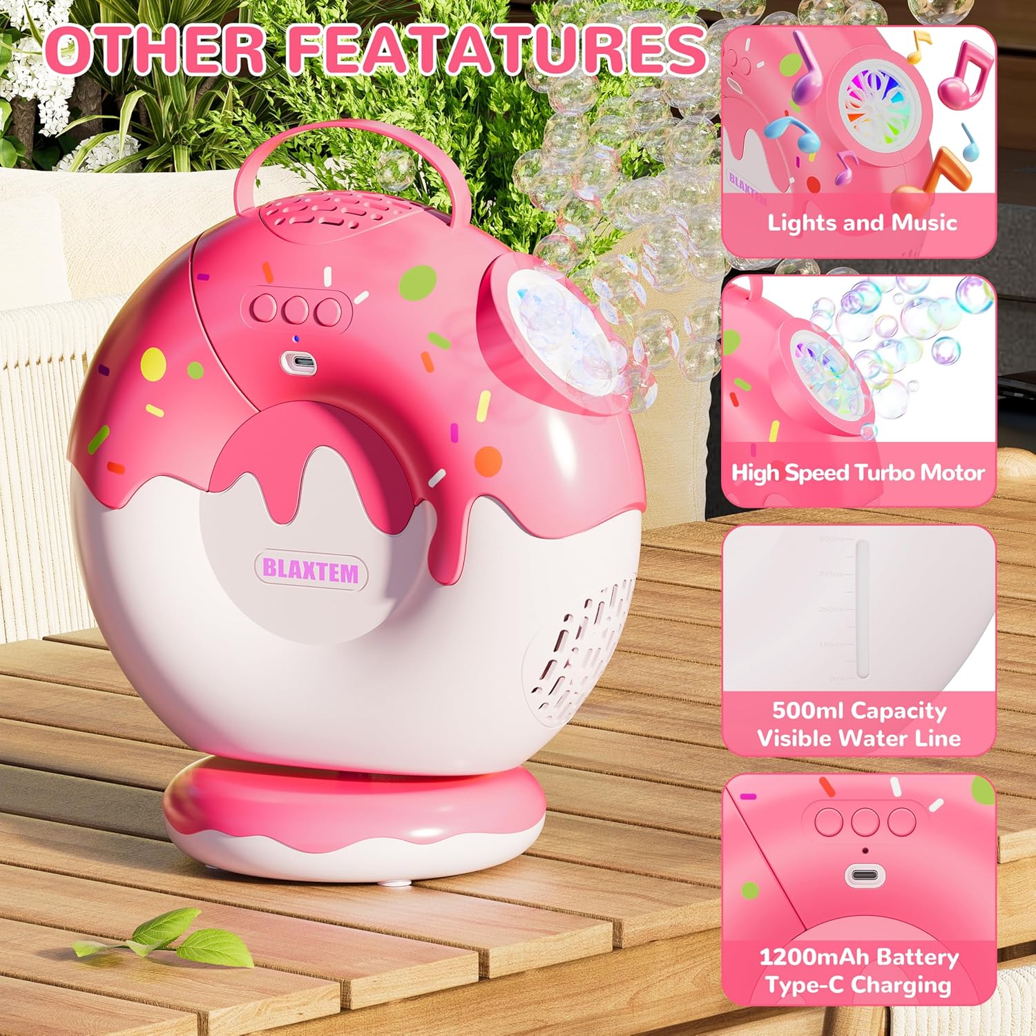 BLAXTEM Rechargeable Bubble Machine Donut-Shaped - 90° 360° Rotatable, Lights & Music Bubble Maker for Kids Toddlers Age 3 4 5+ Boys & Girls Birthday Party, Outdoor Play Toys (Pink)