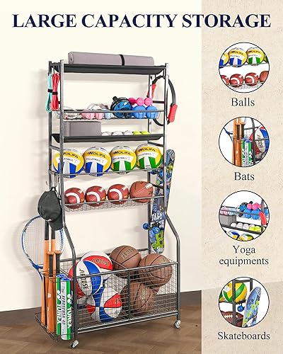 Miniatura 2 de Mythinglogic Organizador de garaje para equipos deportivos, almacenamiento de bolas de garaje para equipo deportivo y juguetes, carrito de bolas