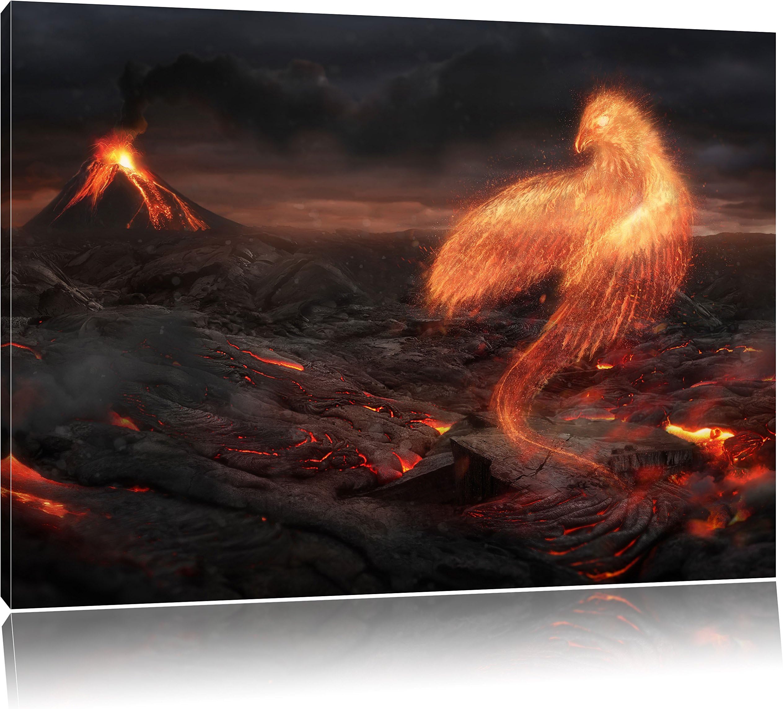 burning phoenix volcanic landscape canvas picture | size: 80x60 cm | Mural | Art Print | ready covered