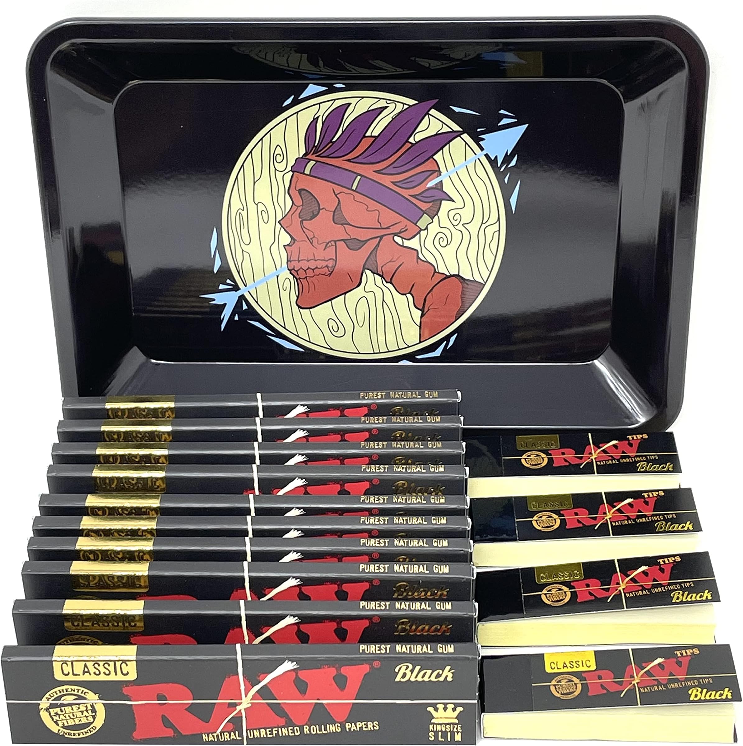Reds Global Skull Mini Metal Tray RAW Classic Black King Size Slim [10 Pack + 4 Black Tips] Rolling Papers