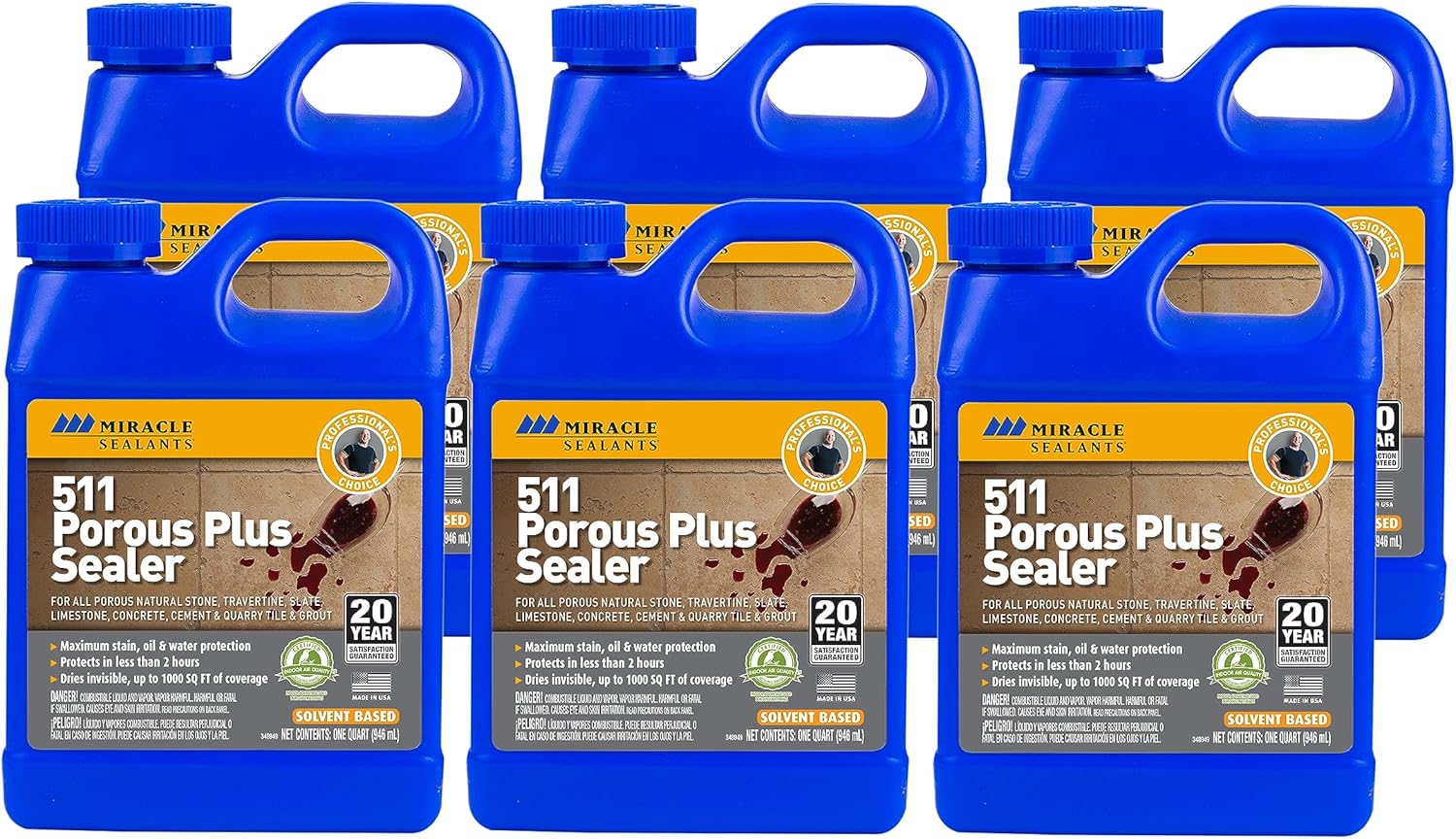 Miracle Sealants 511 Porous Plus Premium Penetrating Sealer for Countertops, Stone & Tile, Quart, 6 Pack