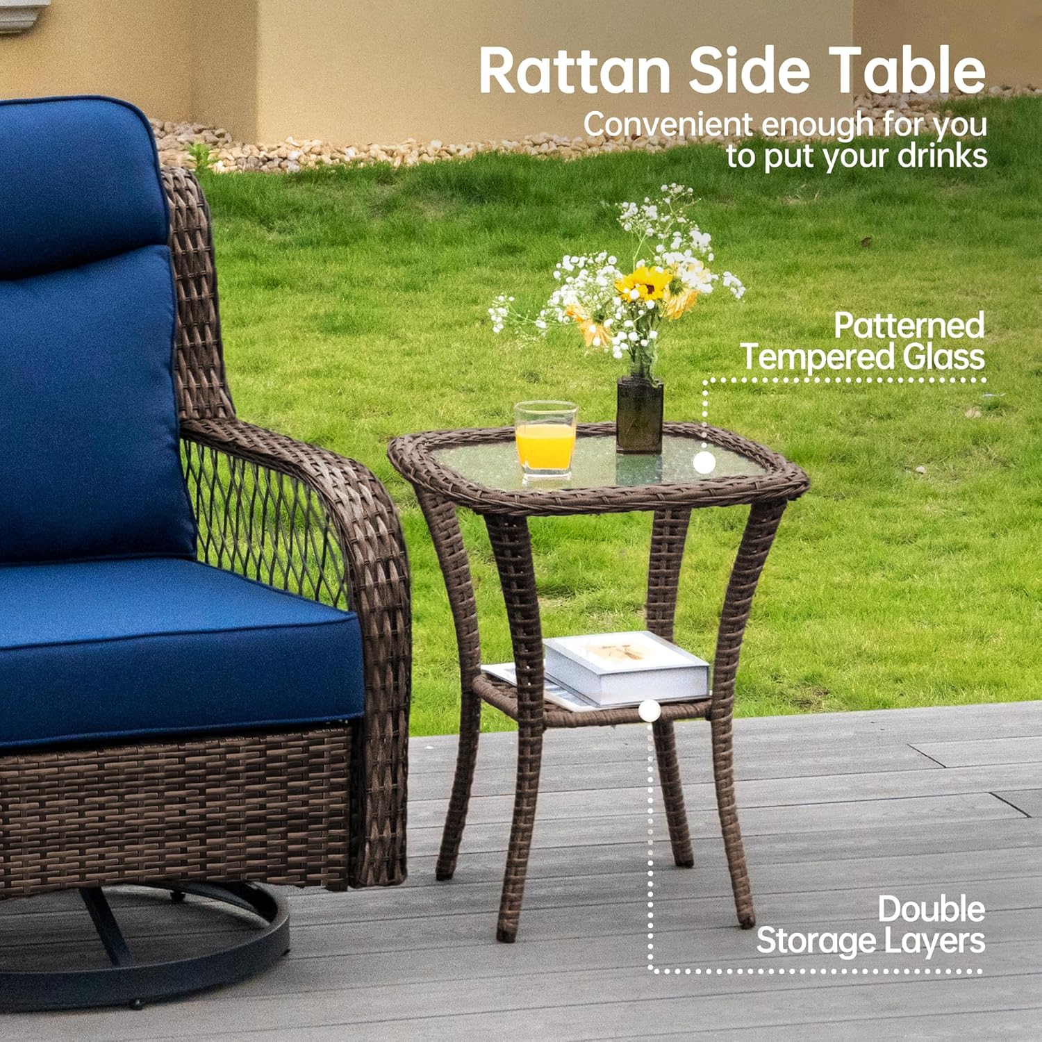 PIZZELLO Patio Bistro Set 3 Piece Wicker Rocking Chairs Sets Outdoor Swivel Chair Furniture Set with Rattan Side Table, 5" Thick Cushion Glide Rocker for Outside Porch Deck Garden Backyard