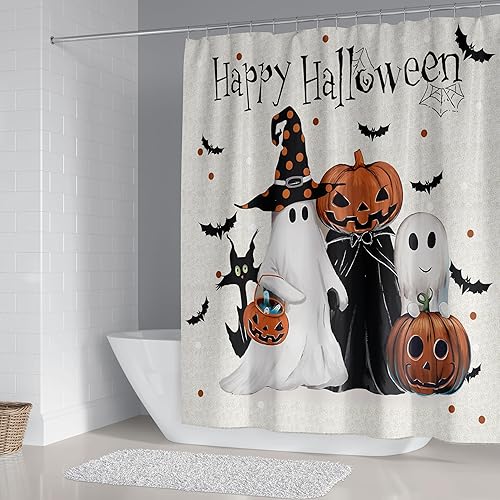 Miniatura 5 de Juego de 4 cortinas de ducha de Halloween, espeluznante cortina de ducha de calabaza fantasma para decoración de baño de Halloween con