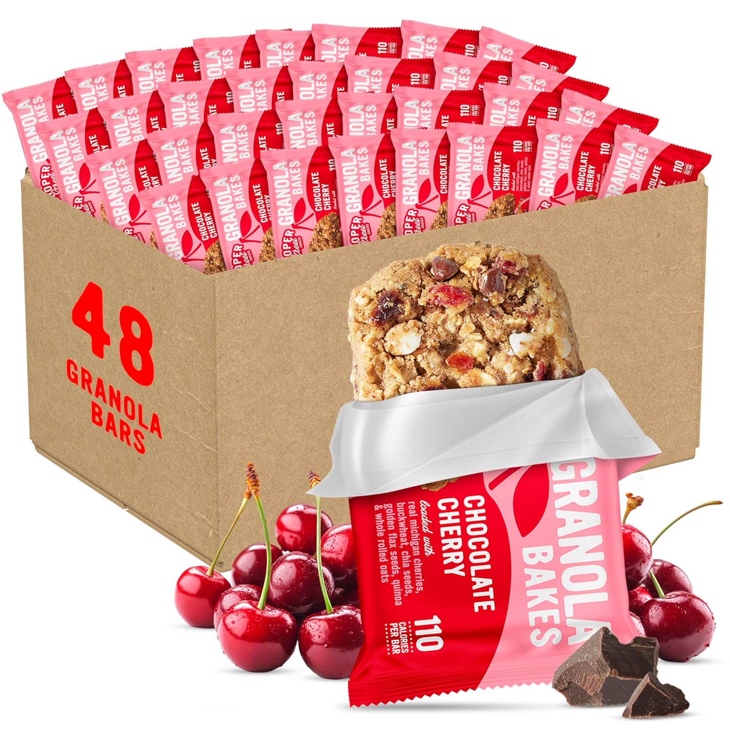 Cooper Street Granola Bakes - Soft Baked Oats, Grain & Seeds Granola Bars in Bulk - Nut & Dairy Free, Low Sodium Healthy Office Breakroom & Vending Machine Snacks - Chocolate Cherry - 48 Pack