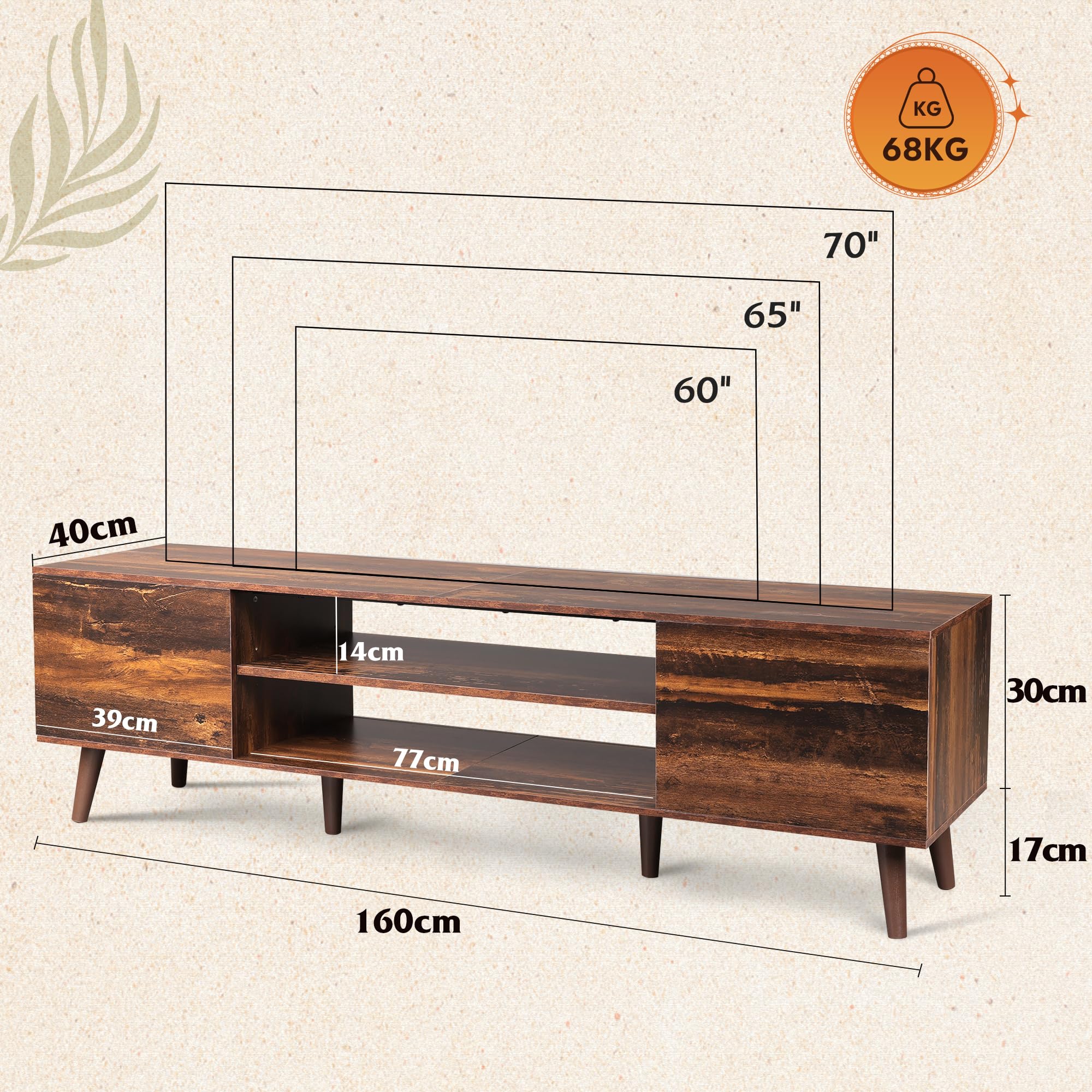 WLIVE TV Schrank 160 cm Lang, Lowboard Holz für Fernseher 60 65 70 Zoll, Fernsehtisch mit 2 Türen, Industrie-Design, TV Cabinet, Vintagebraun-schwarz
