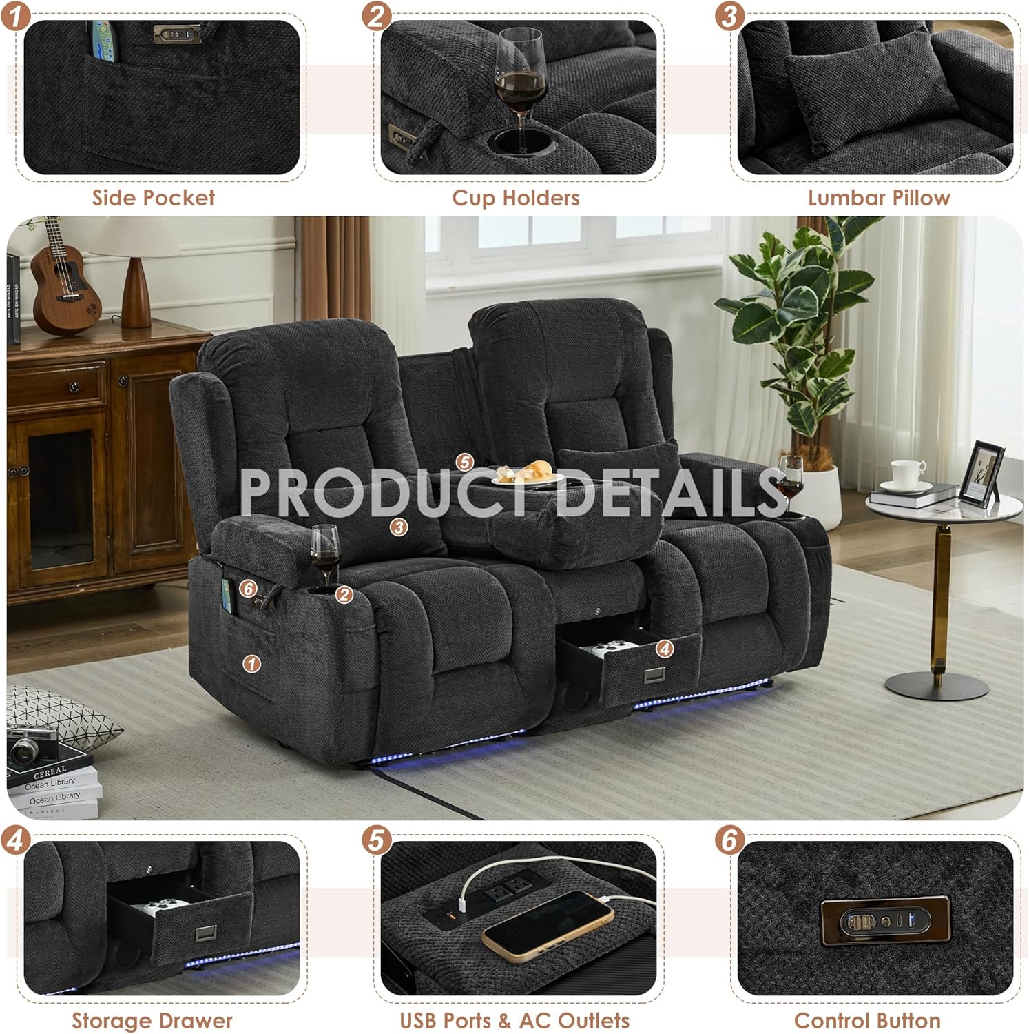 TUNYI Wall Hugger Power Loveseat Recliner - RV Reclining Loveseat with Console Theater Seating RV Recliner Sofa with USB/Outlet//Cup Holder/LED Light/Side Pocket (Dark Grey, Loveseat)