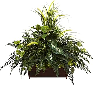 Nearly Natural Mixed Grass & River Fern with Wood Planter
