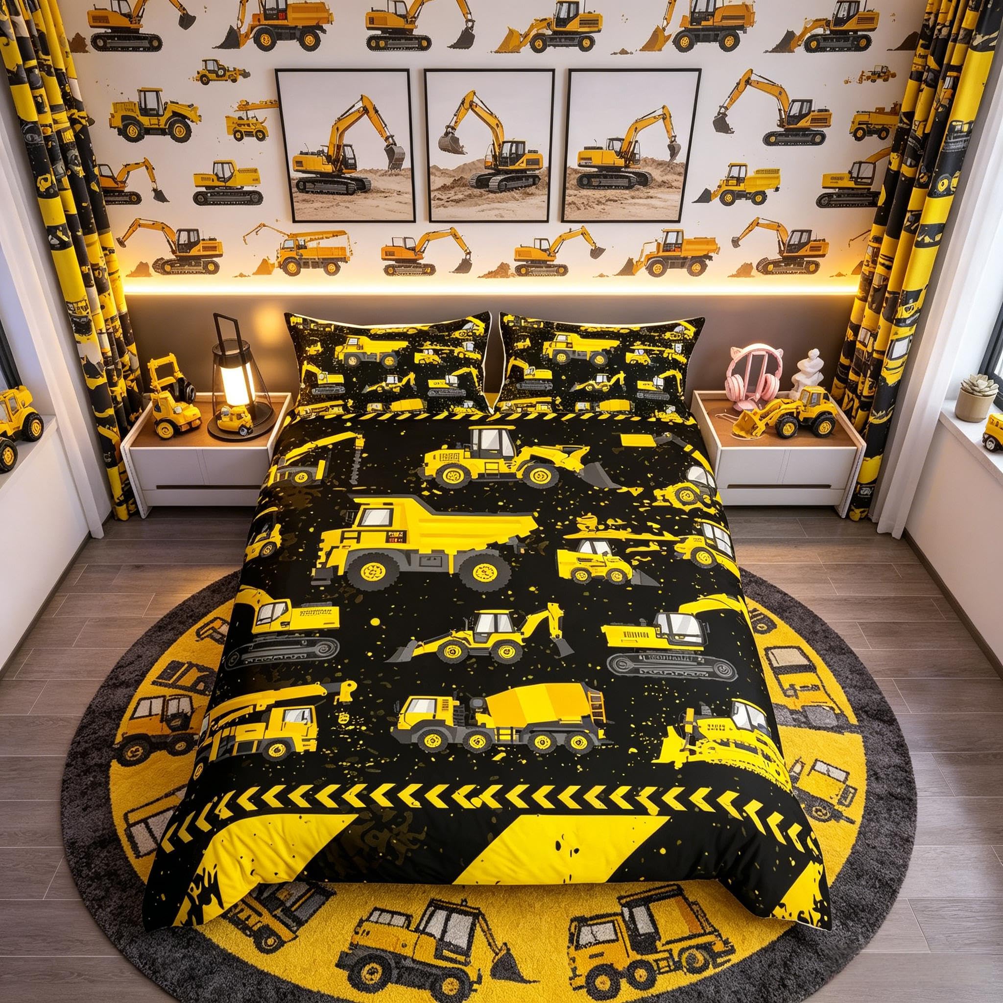 Homemissing Single Boy construction site car Bedding Set excavator truck Duvet Cover mechanical car vehicle Comforter Cover Set retro yellow black bedroom decoration series โ image 1