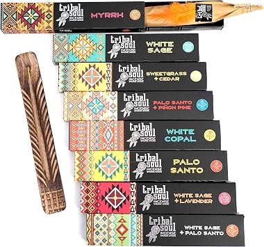 Tribal Soul INTB8 Incense Smudge Sticks, Assorted Gift Set Includes 8 Fragrances 15g, Each, Exotic Mango Wood Hand Carved Feather Incense Burner Included