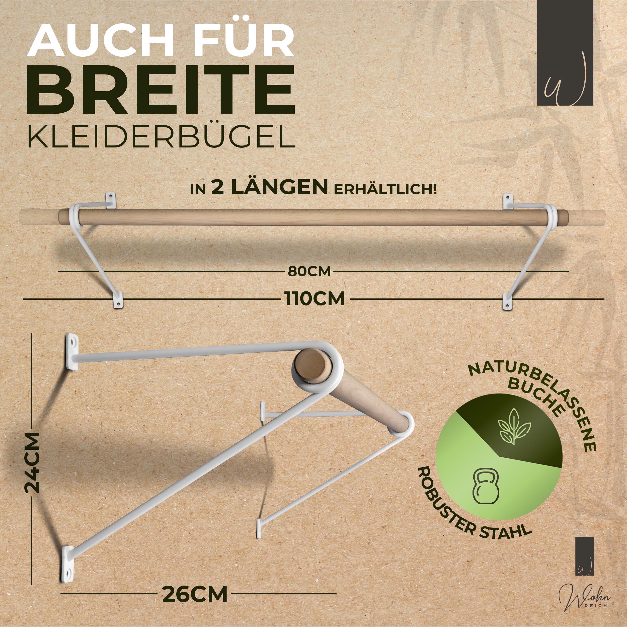 Kleiderstange Wandmontage [Verschiedene Längen & Farben] Länge 110cm Weiß | Wand-Garderobe Holz & Metall | Kleiderständer & Garderobenleiste | Flur Möbel im Industrial Stil | Deutsche Buche