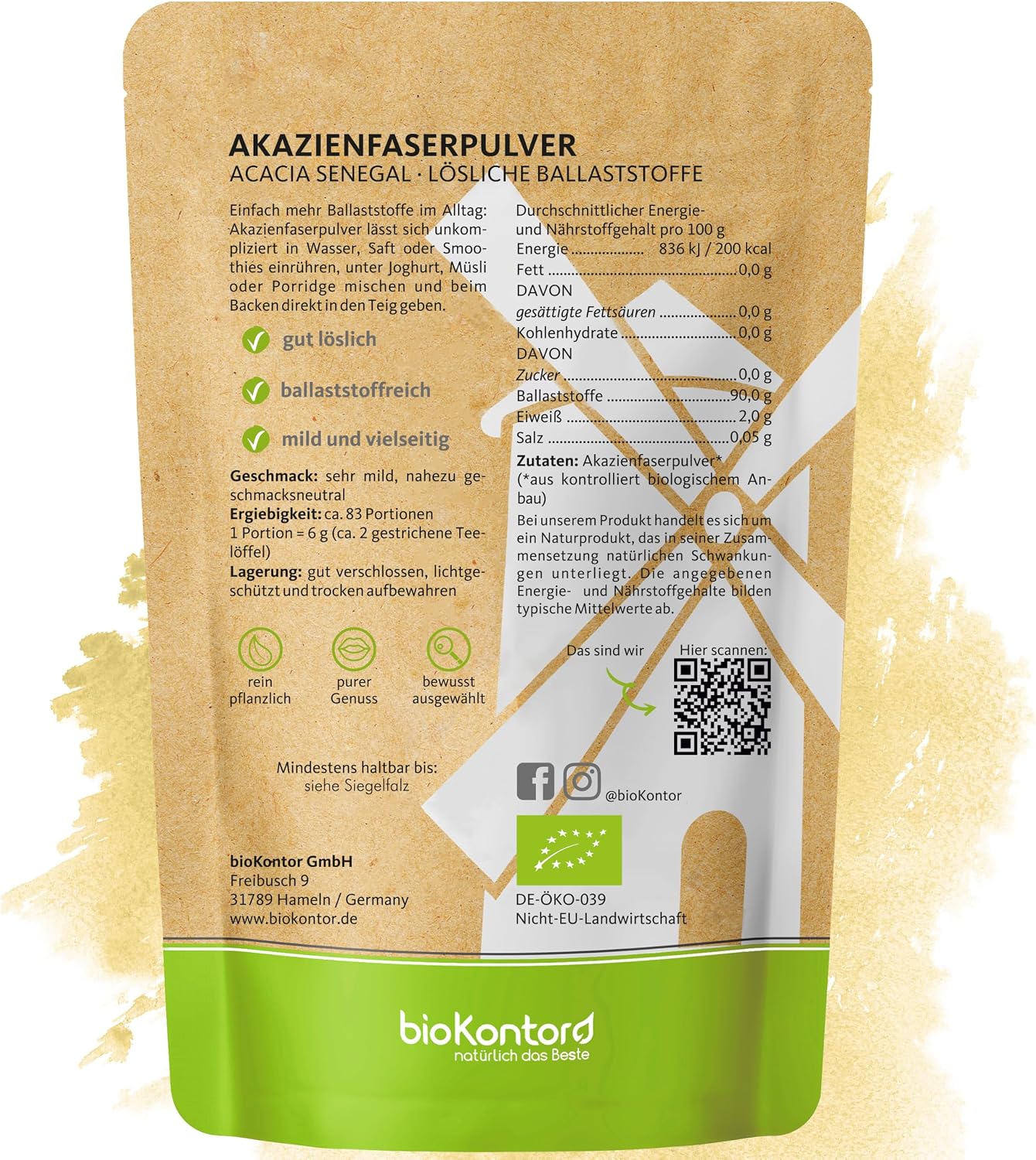 bioKontor – BIO Akazienfaser Pulver 500 g – 90% Ballaststoffe – Vegan - Analyse des détails et conception