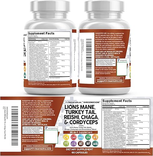 Miniatura 8 de Clean Nutraceuticals Suplemento de hongo 20 en 1 de melena de león con cola de pavo Reishi Cordyceps Chaga Maitake Meshima Poria Cocos Shiitake