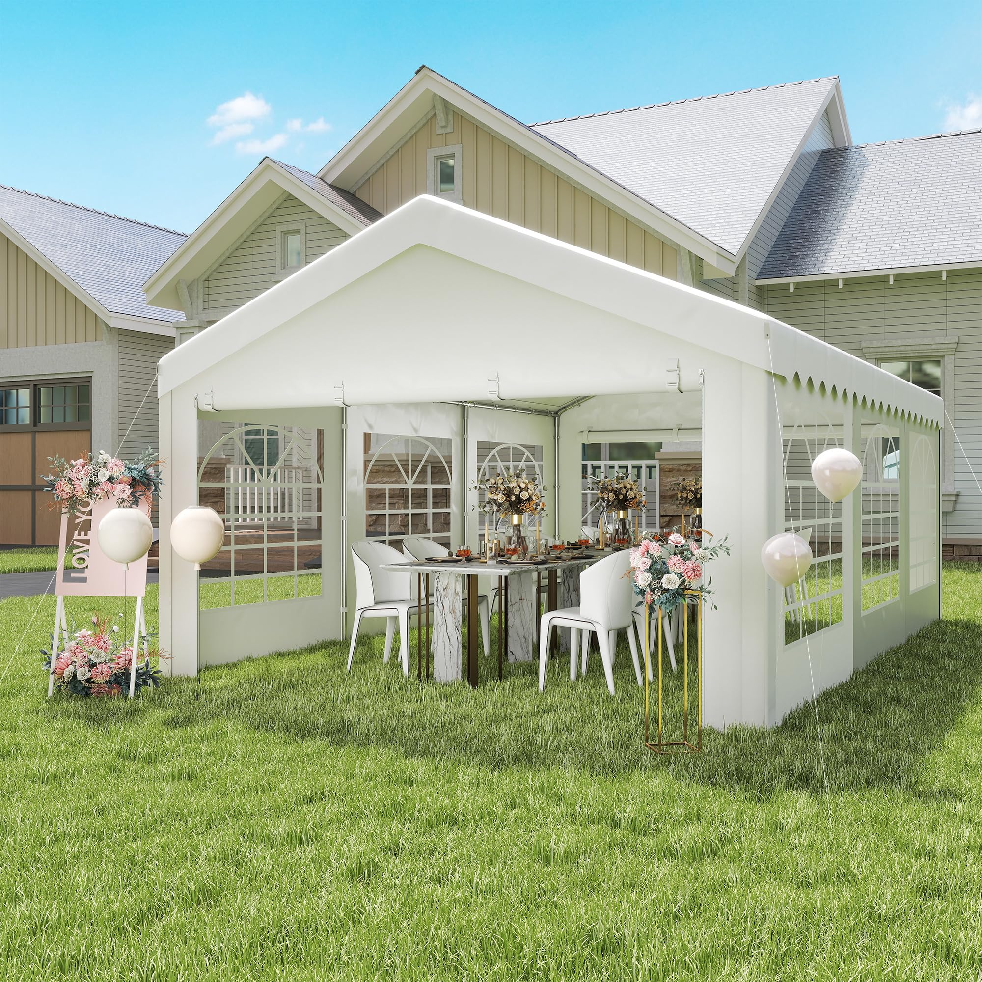 Outsunny Tendone per Feste 6x4m con Pareti Laterali Rimovibili, Gazebo da Giardino con Porte e Finestre, in Metallo, Bianco