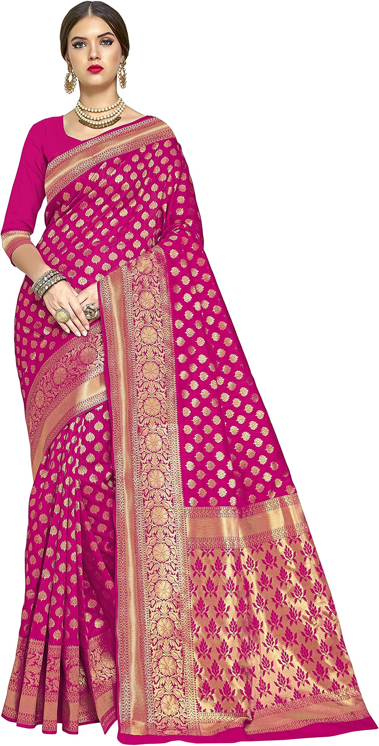 Women's Kanchipuram Art Silk Saree With Blouse Piece, Rani, One Size