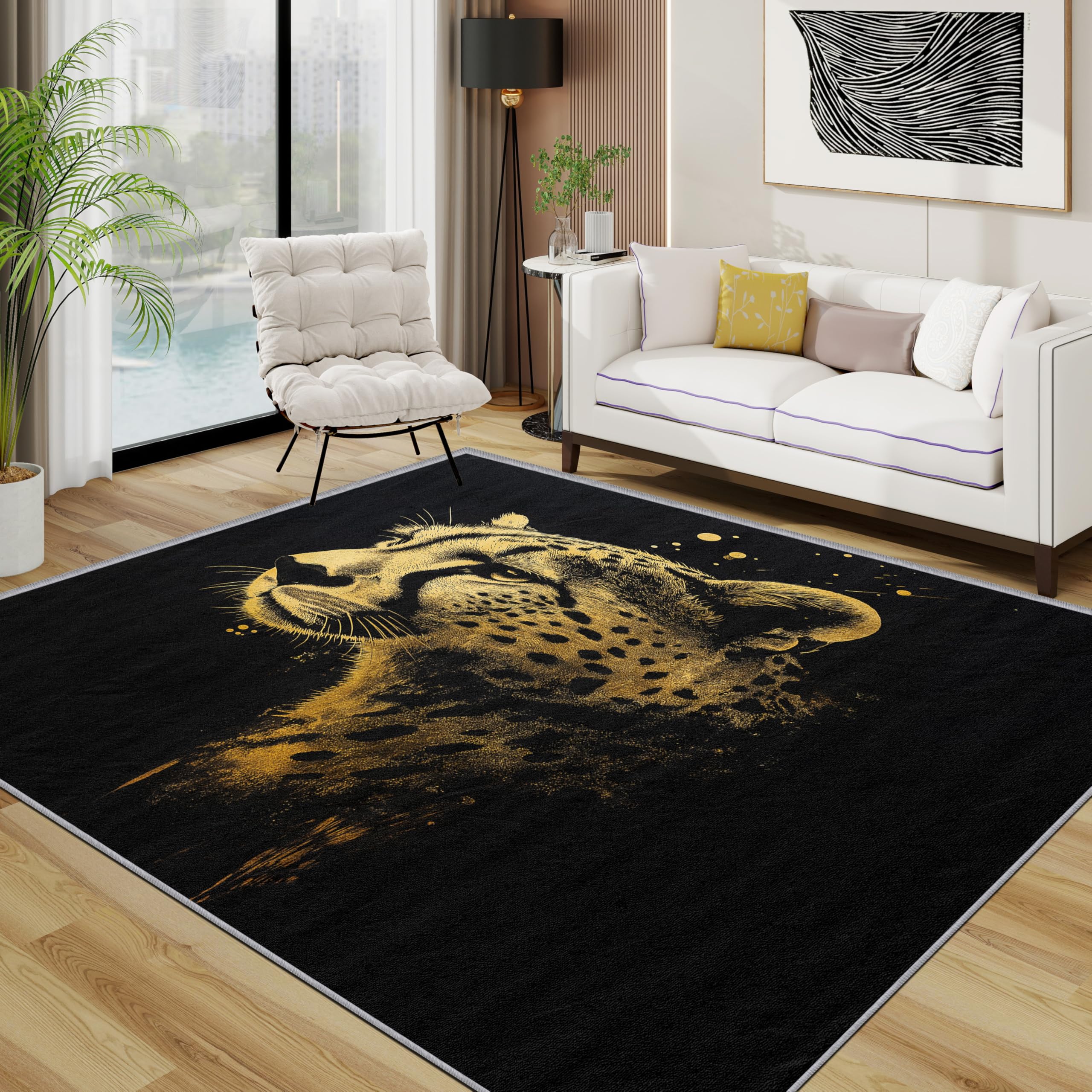 TerroVee Leopard Rug - Animal Simple Black Small Rugs for Bedroom 60x90, Modern Luxury Wildlife Floor Mat Soft Washable Non Slip Indoor Mats, Leopard Room Decor