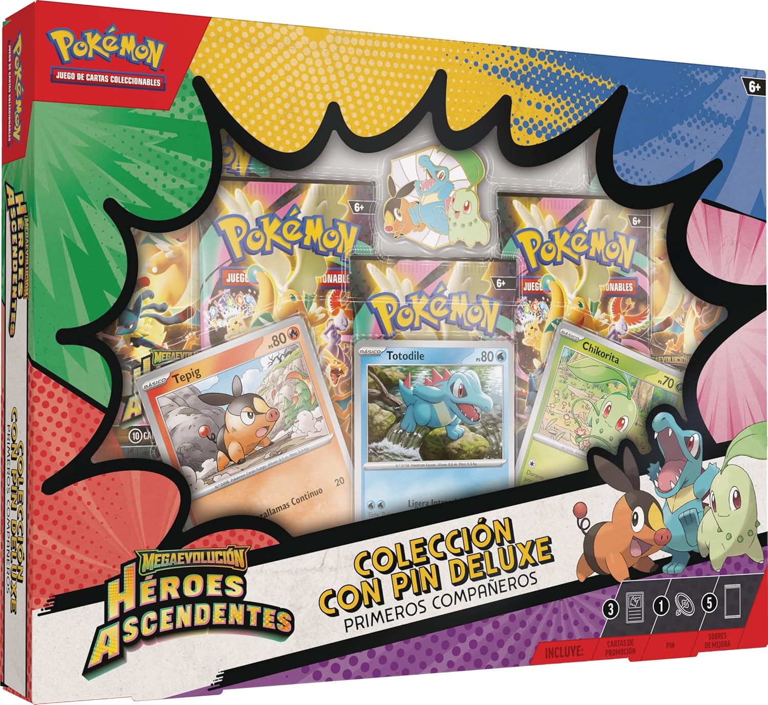 Amazon Pokémon: Colección con Pin Deluxe Primeros Compañeros de Megaevolución-Héroes Ascendentes (3 Cartas holográficas de promoción, y 5 Sobres de Mejora)