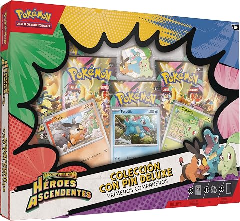 Amazon Pokémon: Colección con Pin Deluxe Primeros Compañeros de Megaevolución-Héroes Ascendentes (3 Cartas holográficas de promoción, y 5 Sobres de Mejora)