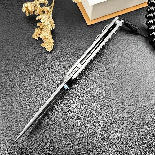 Miniatura 8 de Cuchillo de bolsillo plegable ECD de 6.7 pulgadas, cuchillo plegable de acero de damasco, bloqueo de marco, asas de titanio TC4 con clip de