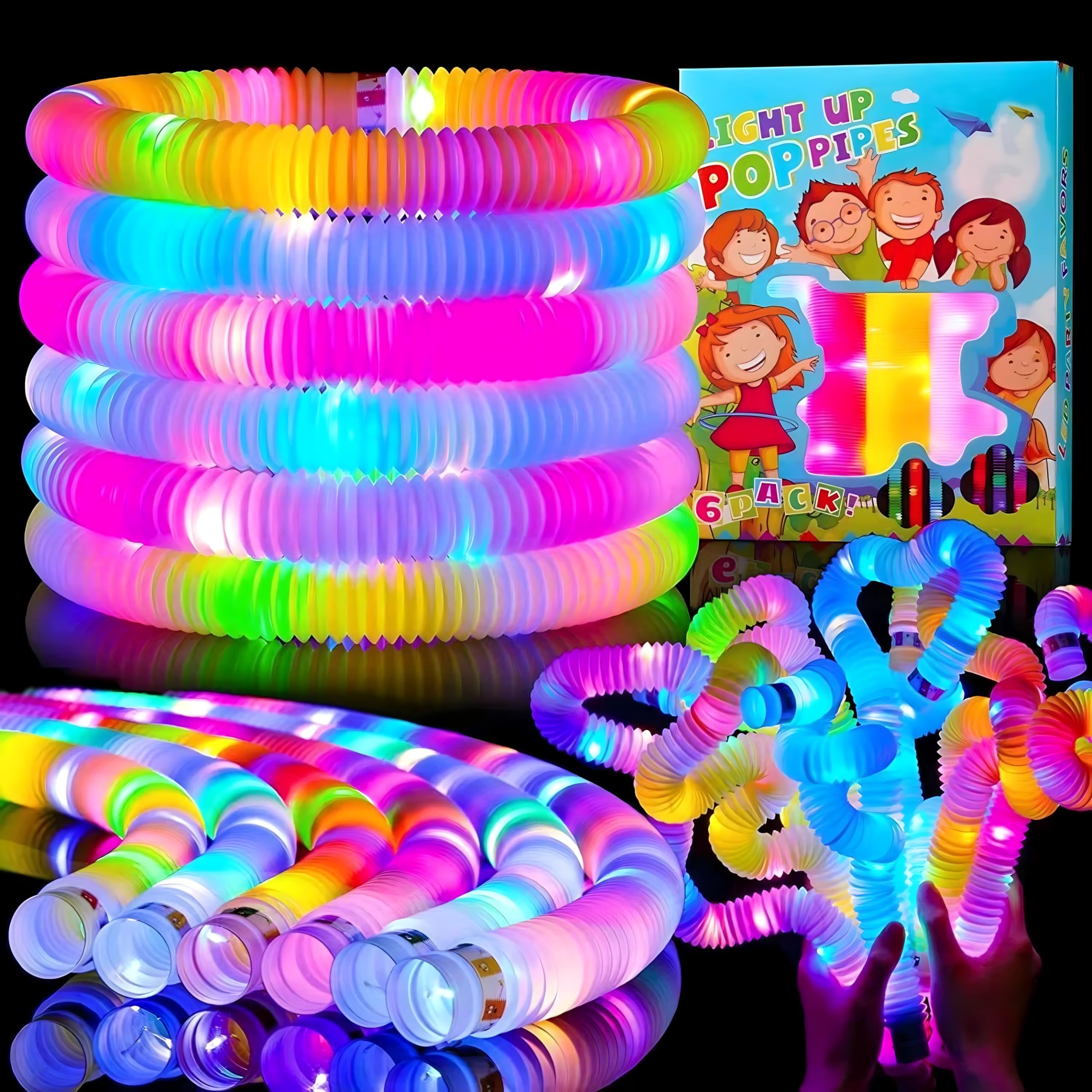 AYBIA 6 Pack Light up Pop Tubes, LED Pipe Fidget toy, pop it Glow sticks, Glow Necklace & Bracelets Party Favors Decorations, Pull and Stretch Toys for Kids Easter Christmas Party Goodie Bag Stuffers