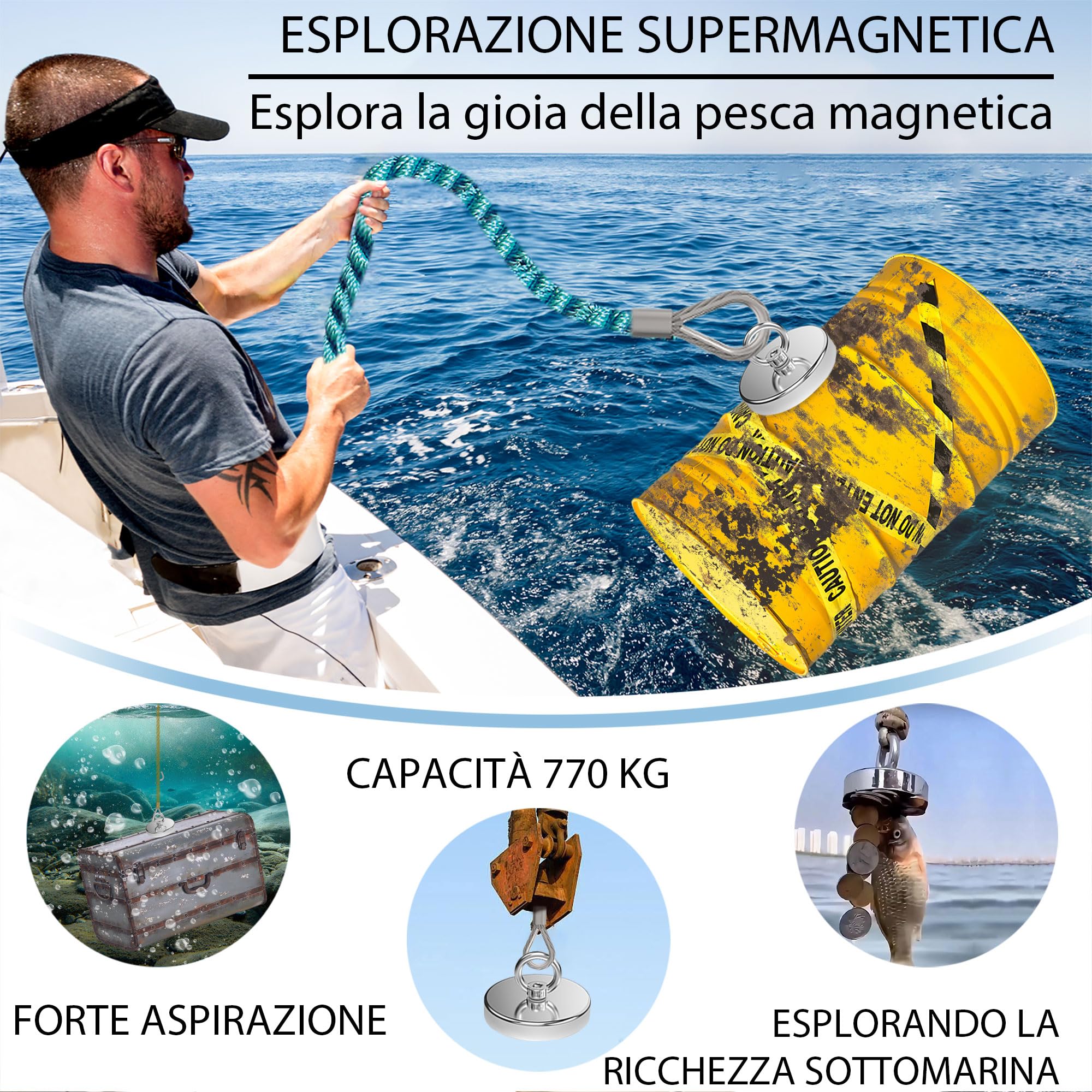 Magnetpro Magnete da pesca con forza di trazione superiore a 770 kg, magneti al neodimio resistenti con occhiello, diametro 120 mm calamita per pesca magnetica, caccia, recupero nel fiume