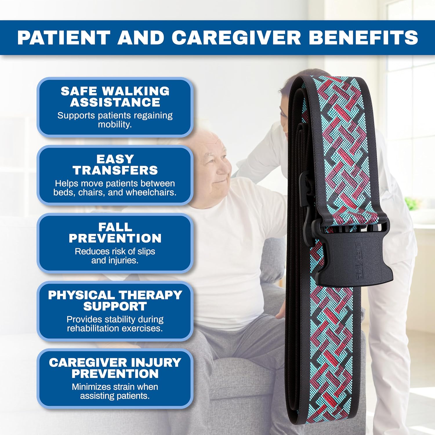 Skil-Care 2 Inch Nylon Gait Belt, 60" L, Geo-Pattern B Webbing, Secure Safety Buckle Options, Easy-Clean and Launderable Gait Belts for Seniors, 252024