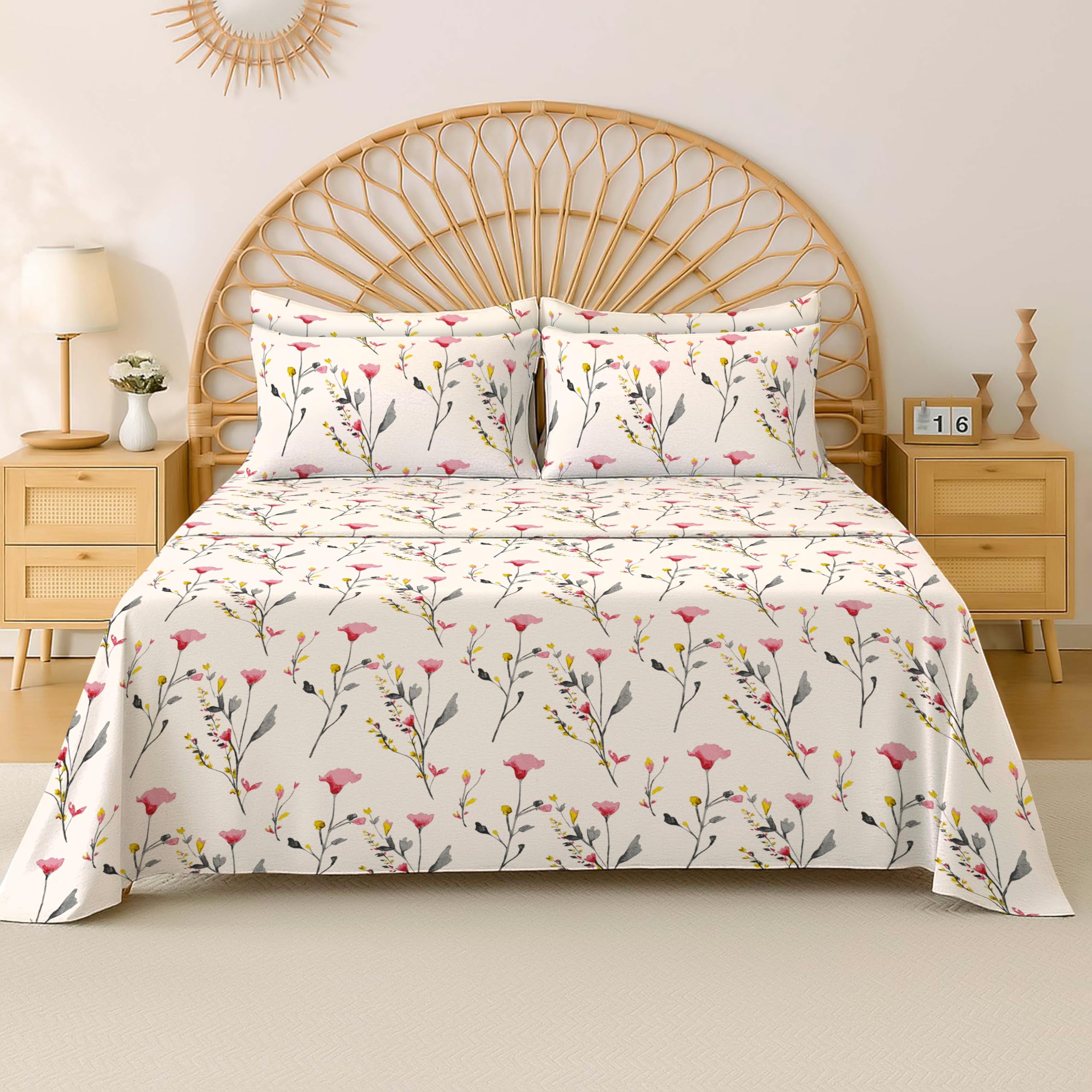 100% Egyptian Cotton Flat Sheet Single Size, 400 Thread Count Soft Cooling Floral Print Top Sheet, Premium Flower Design Bed Sheet for Single Bed - Bloom Pink