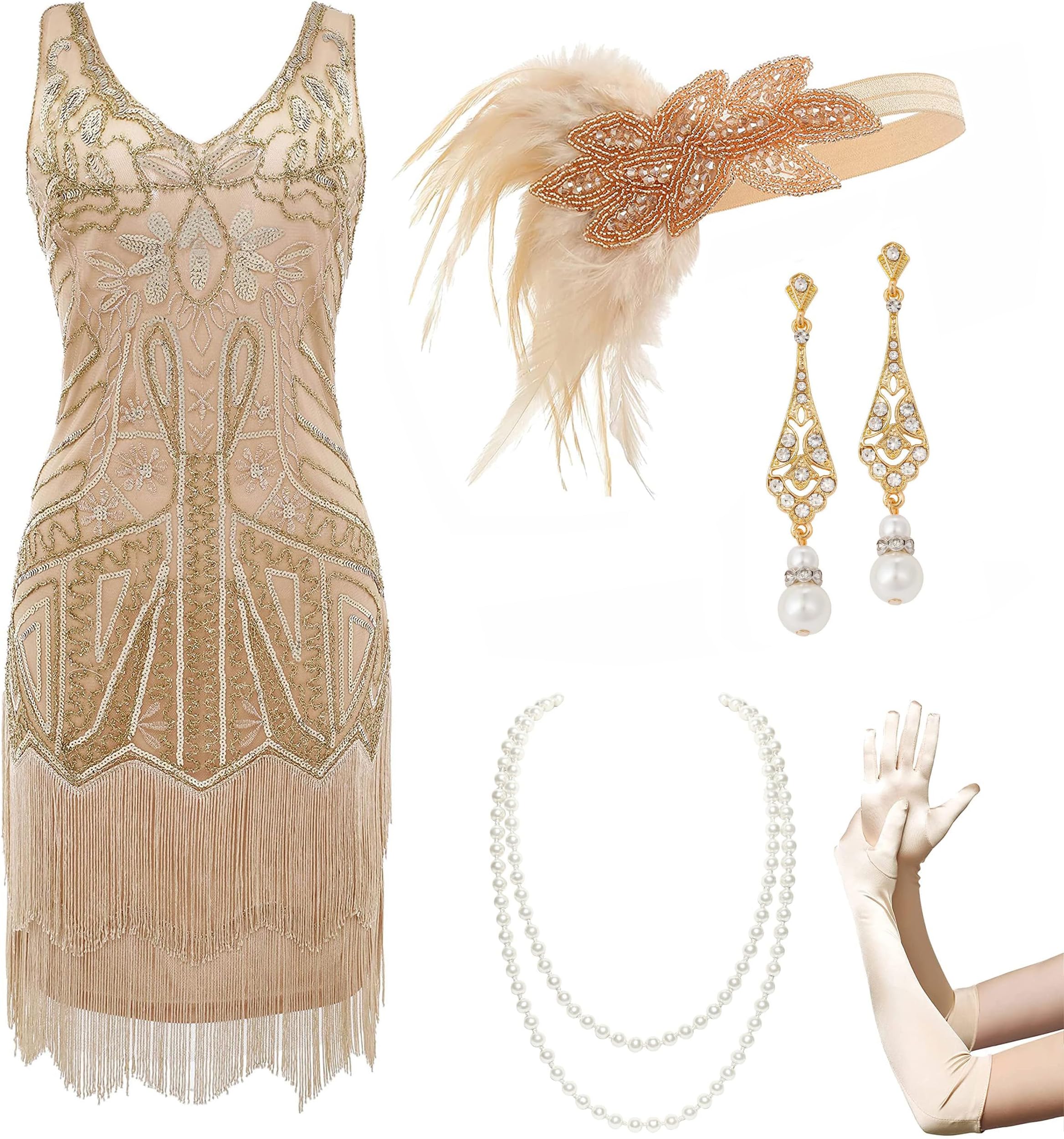 Women’s Flapper Dresses Set 1920s V Neck Beaded Fringed Great Gatsby Dress with Accessories Set