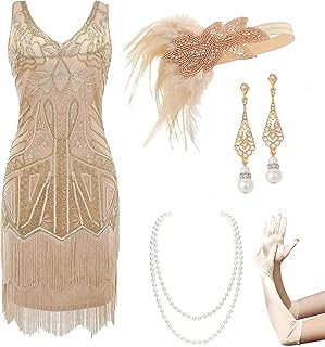 Women’s Flapper Dresses Set 1920s V Neck Beaded Fringed Great Gatsby Dress with Accessories Set - Buy now