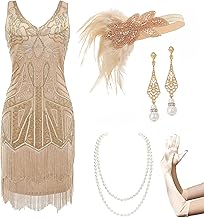 BABEYOND Women’s Flapper Dresses Set 1920s V Neck Beaded Fringed Great Gatsby Dress with Accessories Set