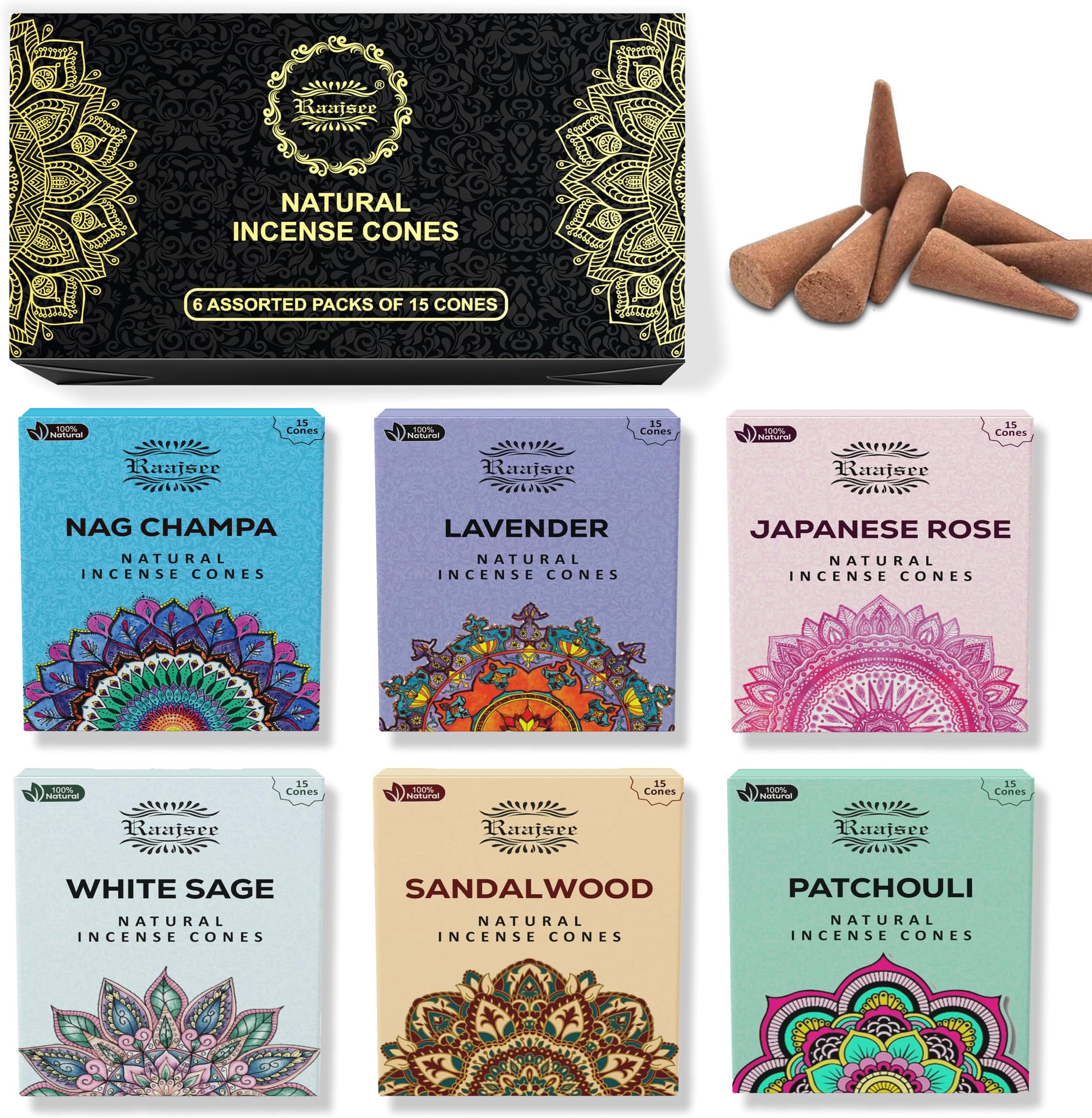 Raajsee Natural Incense Cones,6 Pack Mixed Scents Gift Pack 15 pc Each (90 Total), Insense Cones Variety Pack, 100% Organic Non Toxic Natural - Hand Rolled Free from Chemicals (Pack 1)