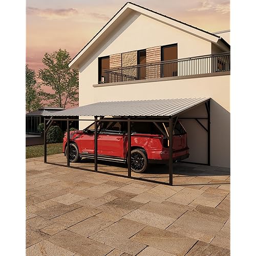 Garvee 12x20 ft Lean-to Metal Carport, Vertical Roof Wall-Mounted Car Port with 11.5° Slope, Heavy-Duty 19-Ga. Steel Frame, 107" to 78" Height Clearance for SUV & Pickup