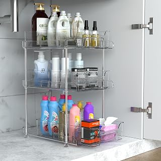 Under Sink Organizer 3 Tier, Bathroom Organizers Clear, Pull Out Organizer and Storage, Slide Out Drawer Storage Container, Multi-Purpose Organizer