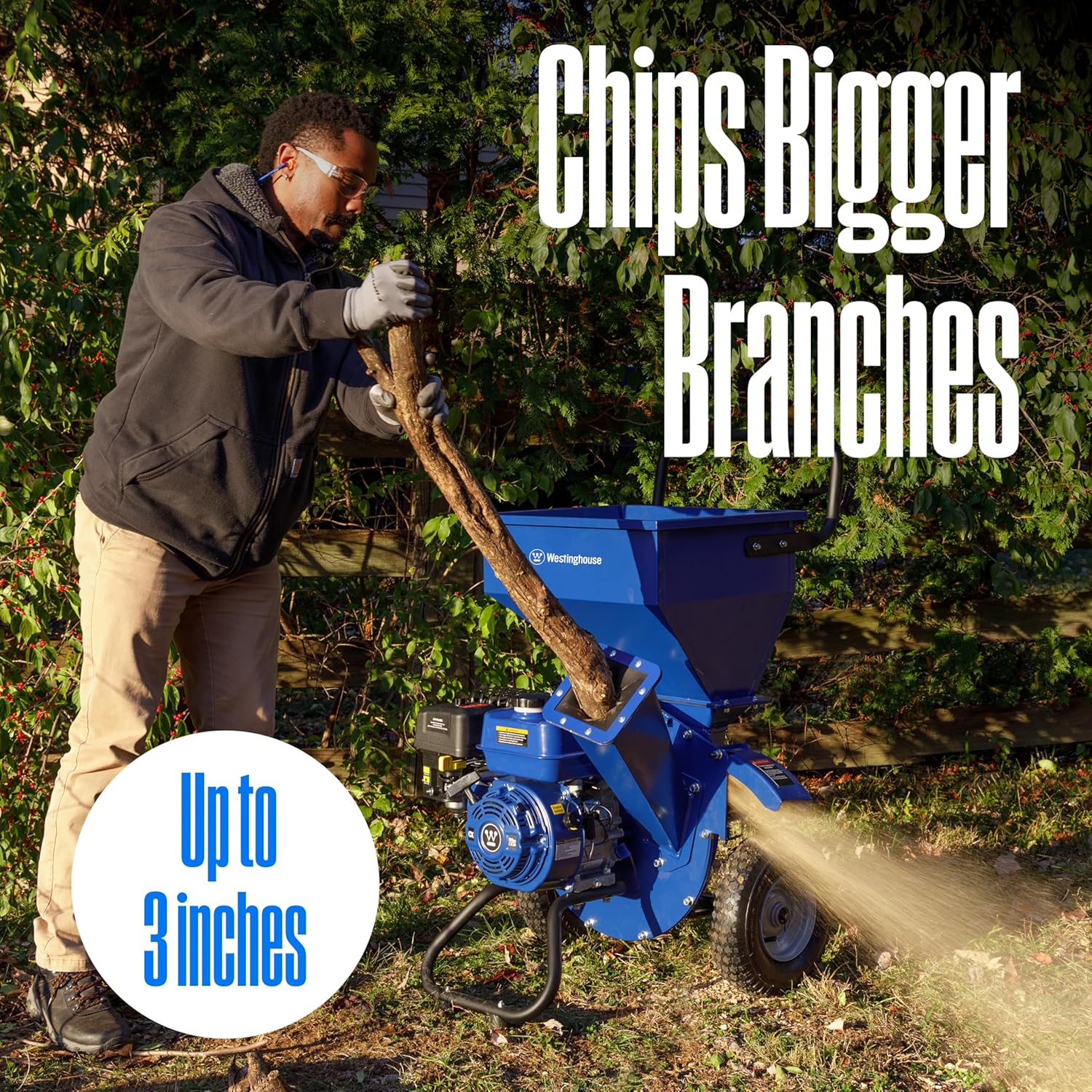 Westinghouse Heavy Duty Gas Powered 3-Inch Wood Chipper Mulcher Shredder, 3-in-1 with 24.6 Gallon Collection Bag for Branches/Twigs/Leaves