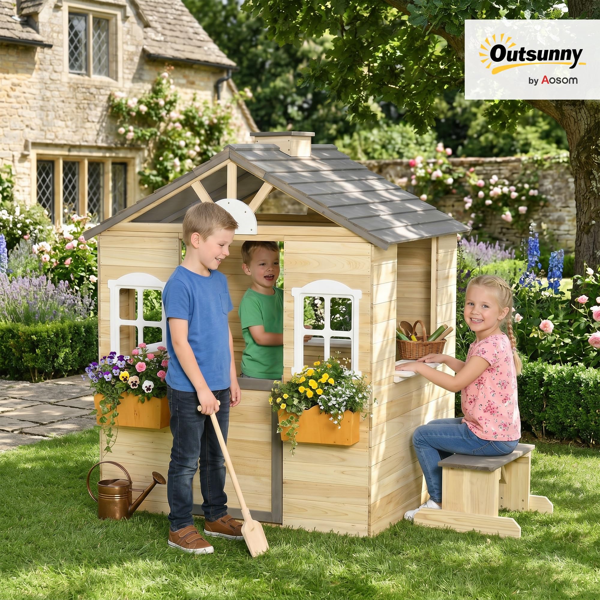 Amazon | Outsunny 屋外プレイハウス 木製子供用プレイハウス 作業ドア