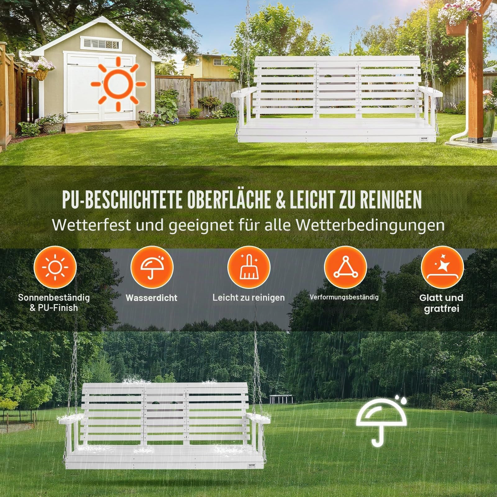 VEVOR Hollywoodschaukel Zedernholz, 1523x710x600mm, Terrassenschaukel für Hof und Garten, verbesserte Tragkraft von ca. 400 kg, robuste Schaukelstuhlbank mit Aufhängeketten für den Außenbereich, weiß
