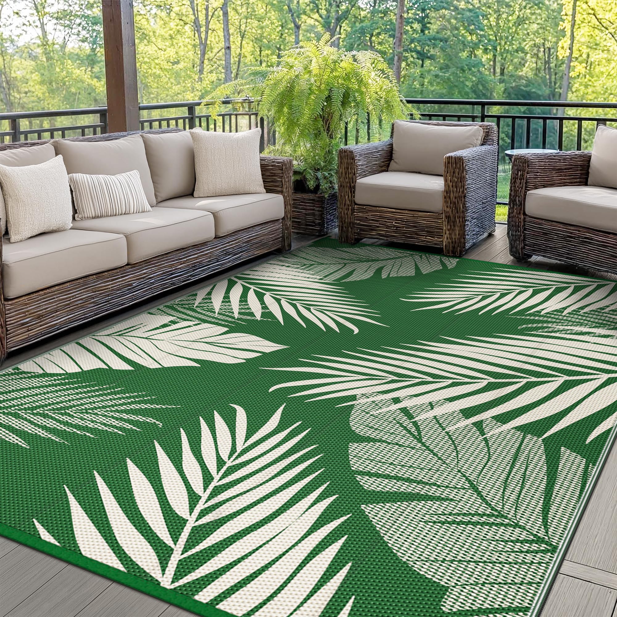 GENIMO Outdoor Rug 240x300cm – Large Reversible Waterproof Garden Rugs, Washable Patio Carpet, UV Resistant, Recycled Plastic Outdoor Mat for Picnic, Backyard, Dark Green