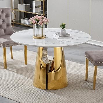 45 Round Dining Table White Marble Dining Room Table for 4-6, Circle Faux Marble Kitchen Table with Gold Mirrored Stainless Steel Base for Dining Room, Bistro, Breakfast Table Only