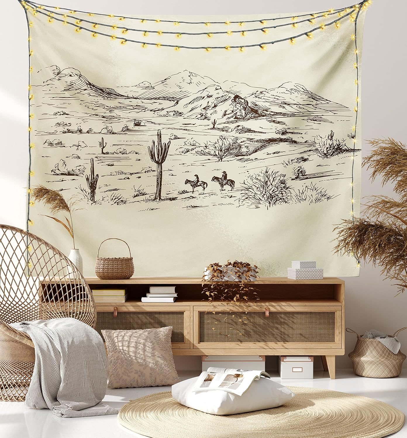 Ambesonne Western Tapestry King Size, Wild West Landscape Illustration Mountains Desert Plants Cowboys on Horses, Wall Hanging Bedspread Bed Cover Wall Decor, King Size, Beige Black