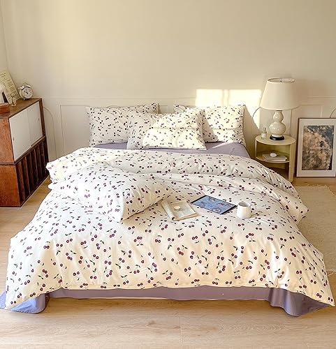 AOJIM Juego de funda de edredón con estampado de cerezas, 100% algodón, bonita funda de edredón estética con motivos de frutas, funda de edredón de