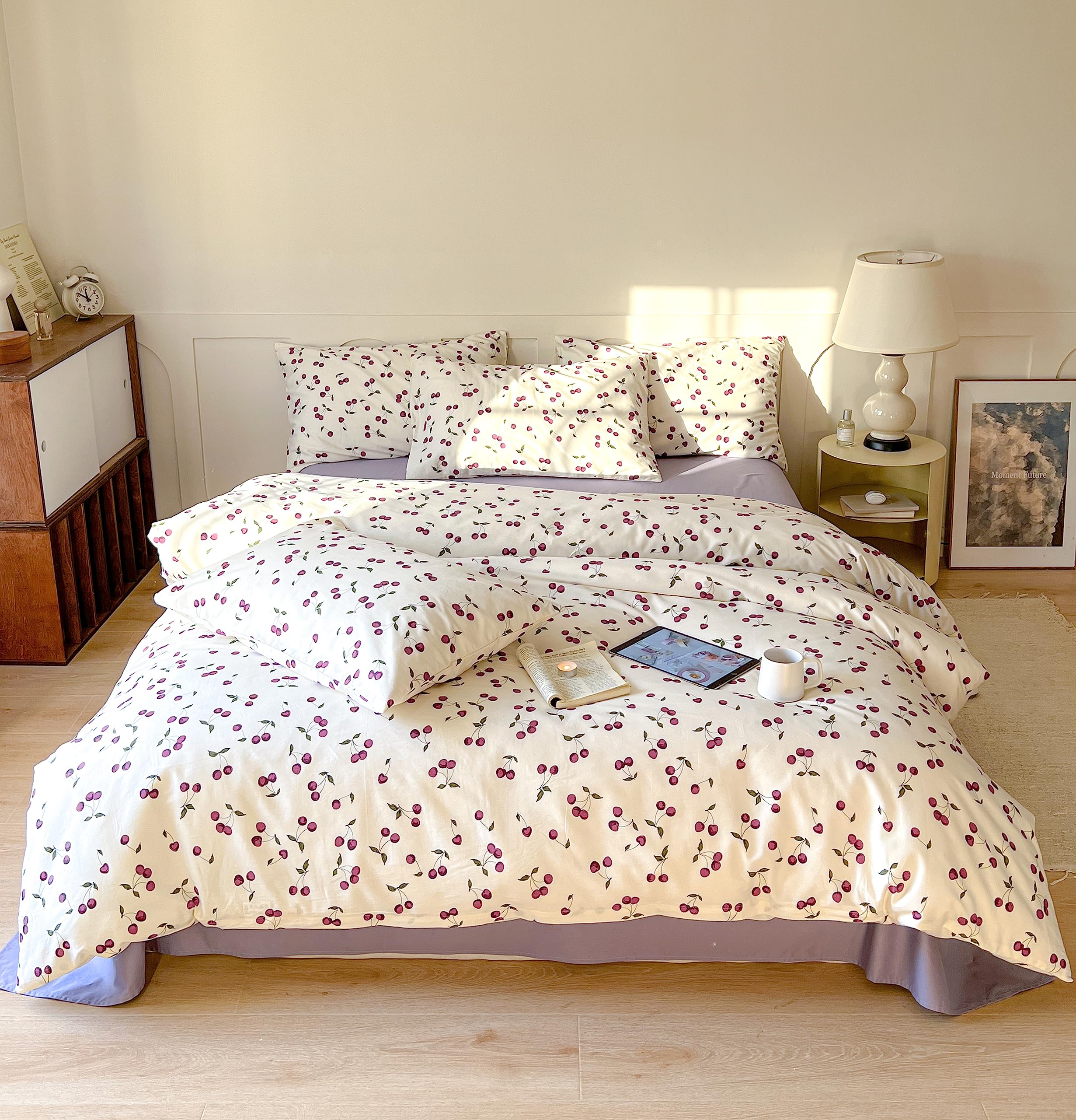 AOJIM - Cherry Print Duvet Cover Set 100% Cotton Aesthetic Fruit Pattern Duvet Cover 3 Pieces Duvet Cover (Twin), No Comforter