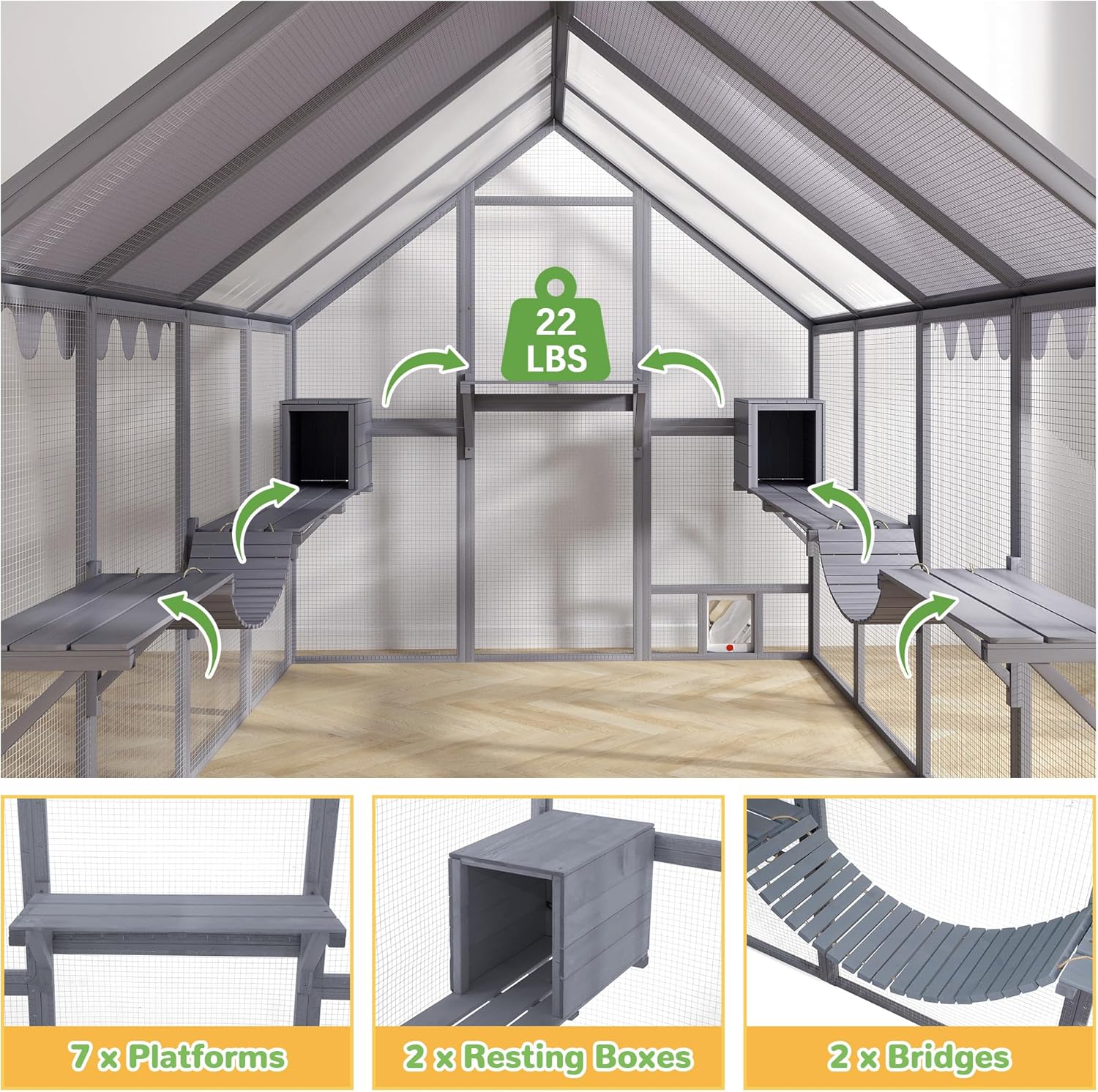 Close-up view inside the catio showing 7 platforms, 2 resting boxes, and 2 bridges.