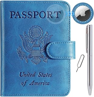 Airtag Passport Holder Cover Wallet RFID Blocking Leather Case Travel Essentials Luggage Accessories Travel Must Have(118#Blue)