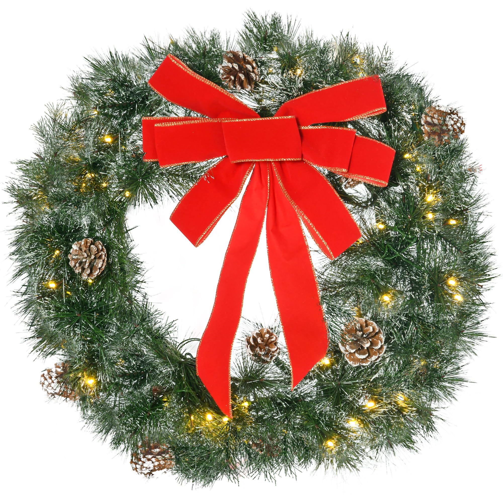 Couronne De Noël Lumineuse 60cm Avec LED - 35 Lumières Blanc Chaud, Minuterie, Pommes De Pin, à Piles - 3