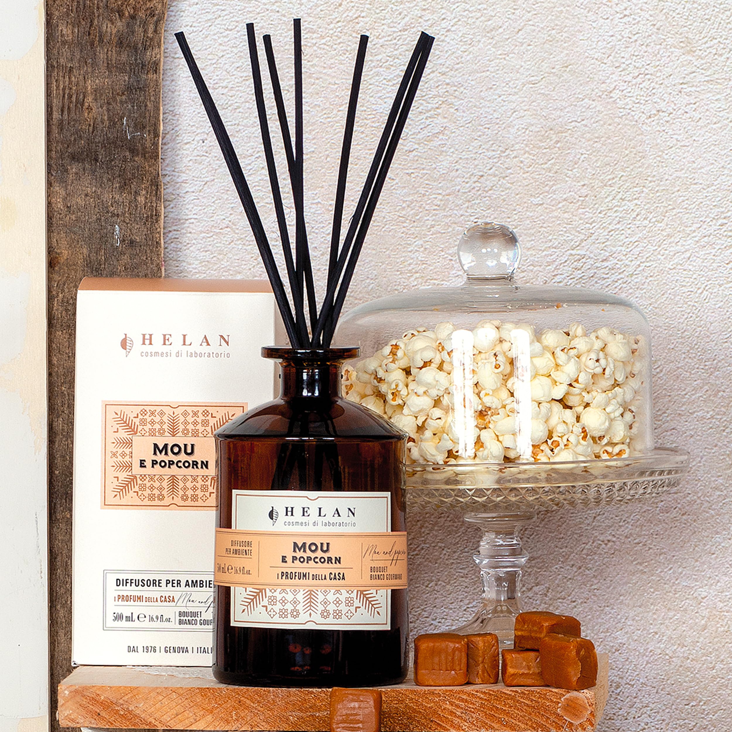 Helan Mou i popcorn – odświeżacz powietrza z pałeczkami do dyfuzorów ze skondensowanym mlekiem, migdałem, brzoskwinią, pomysły na prezent, odświeżacz powietrza i odświeżacz powietrza, 500 ml,
