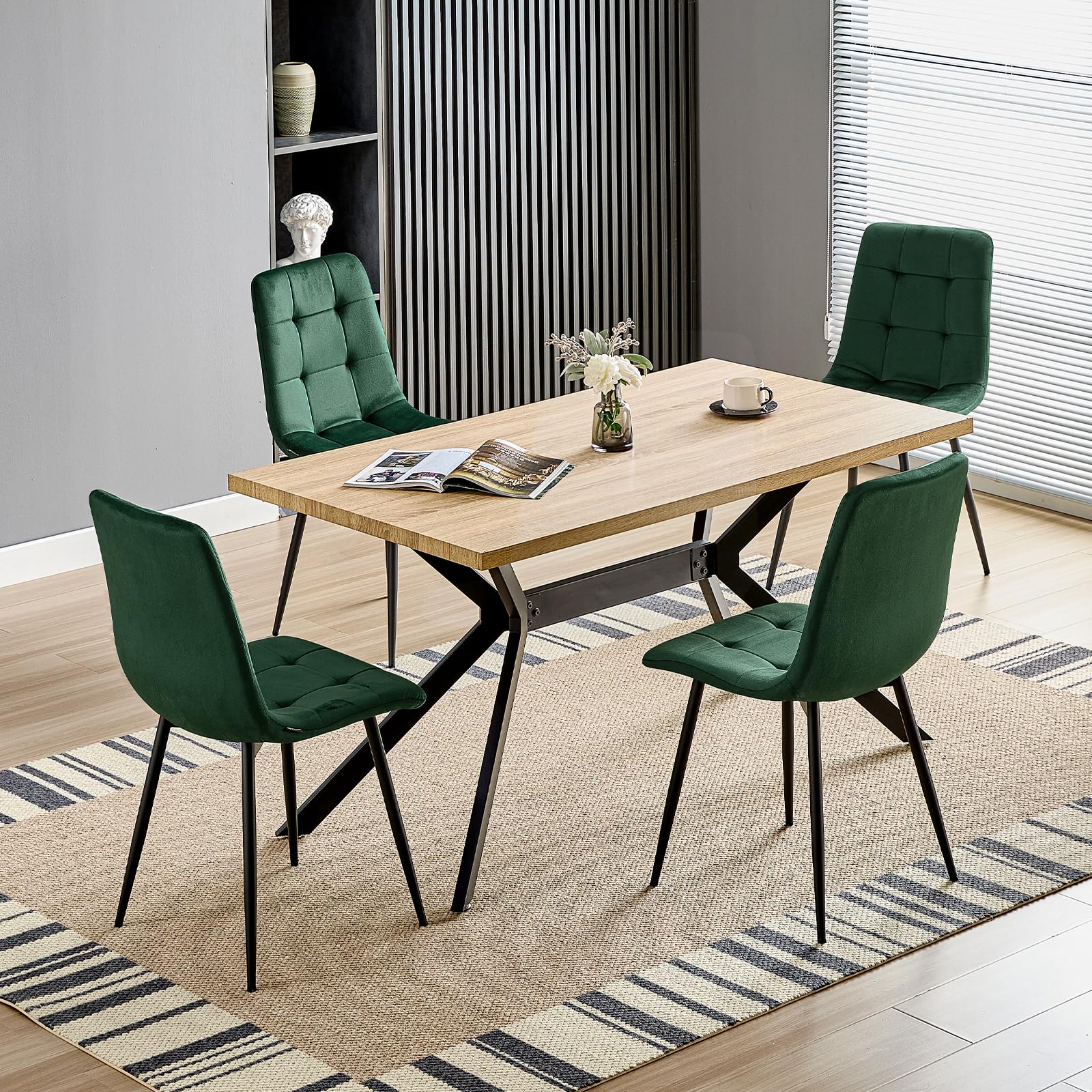 WAFTING Set di 4 sedie da pranzo imbottite con schienale alto e velluto olandese, con base in metallo, per sala da pranzo, soggiorno e reception, verde scuro