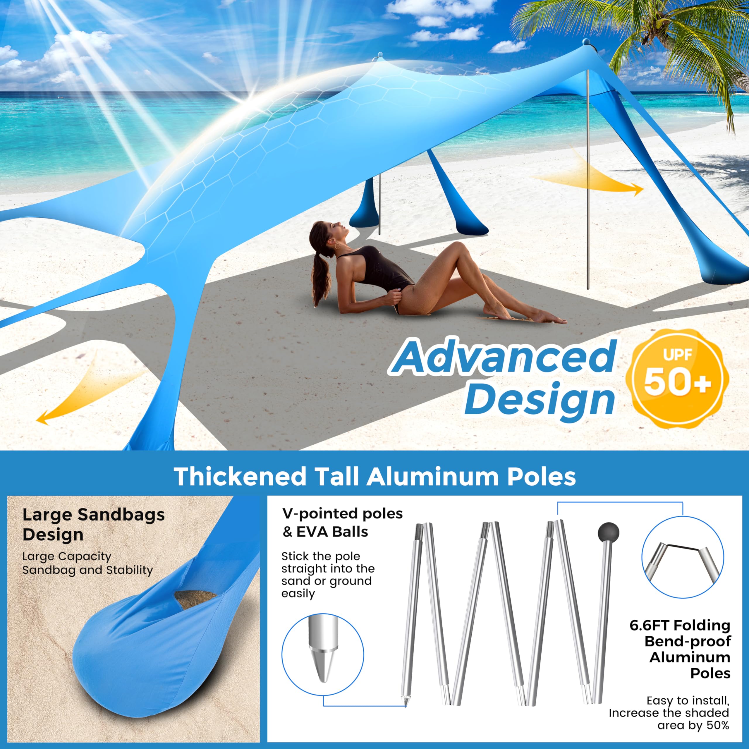 Strandüberdachung, Strandzelt, Pop-Up-Schatten, 3 x 3 m, Sonnenschutz LSF 50+, mit 8 Sandsäcken, 2 Sandschaufeln, 4 Aluminium-Stangen, Bodenheringe, tragbare Tragetasche für Outdoor, Familie