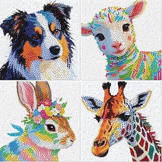 lesaonsy Animal Diamond Painting Kit for Kids, 4-Pack Set Diamond Art Kits for Boys & Girls, Gem Art DIY Craft -Dog, Lamb, Bunny, Giraffe