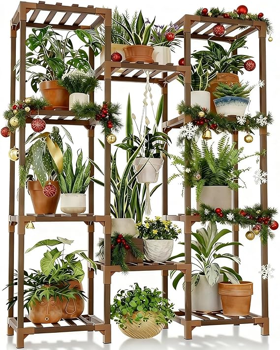 Bamworld Plant Stand Indoor Outdoor Tall Plant Shelf for Multiple Plants Pots Wood Flower Stand Large Flower Holder for Living Room, Patio, Balcony, Garden Decor, Brown