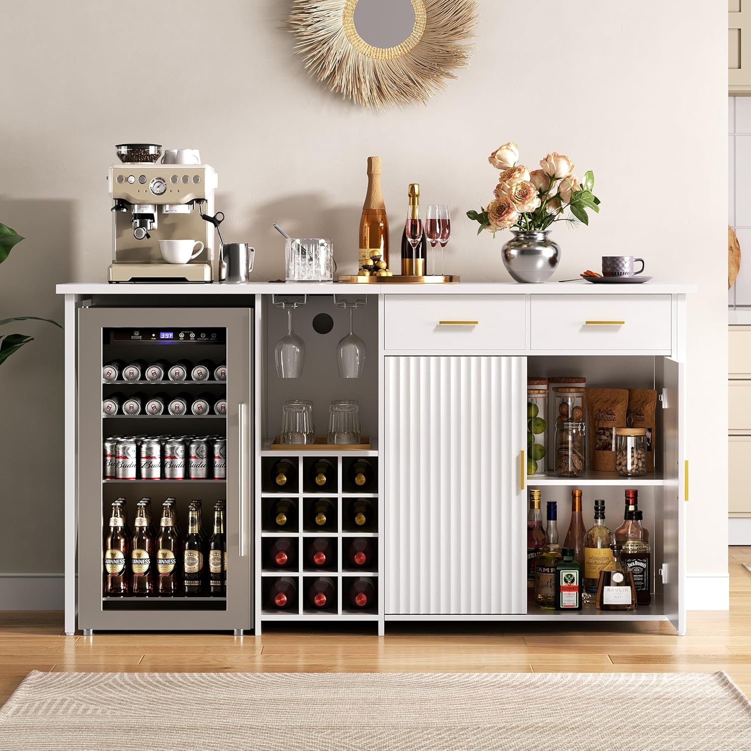 Mini Fridge Cabinet with Storage,69.01" Coffee Bar Cabinet with Fridge Space,Wine Fridge Cabinet with Outlet,Wine Rack & Drawers,Multi-Functional Bar,Fridge Stand with Storage,White KH06MRW