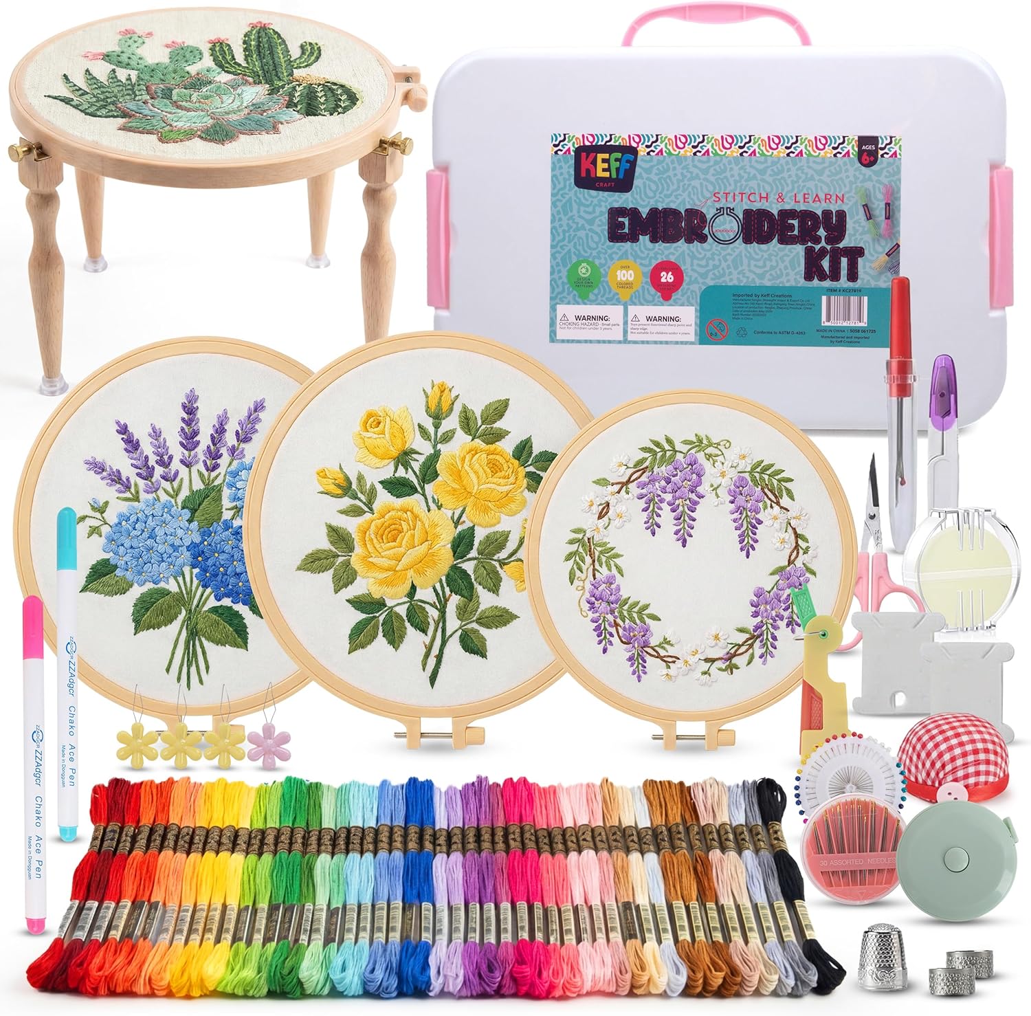 KEFF Craft Embroidery Kit for Beginners - 100 Embroidery Thread Colors, 4 Hoops, Scissors, Needles, Pins, Blank Fabrics & Tools – Cross Stitch Supplies, Cross Stitch Kits, Arts and Crafts for Adults